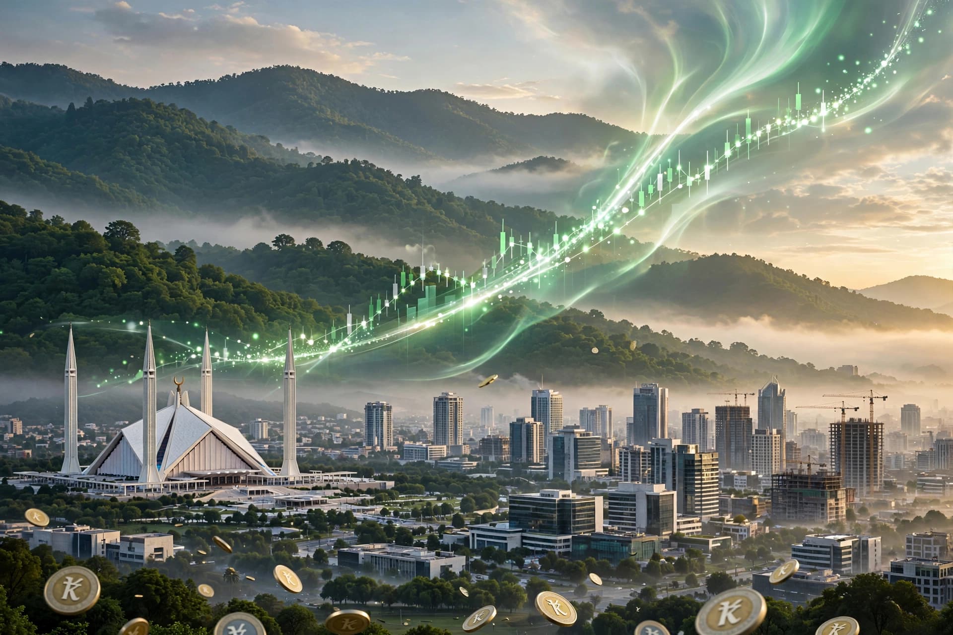 Islamabad skyline with a rising green stock chart symbolising Pakistan's economic growth