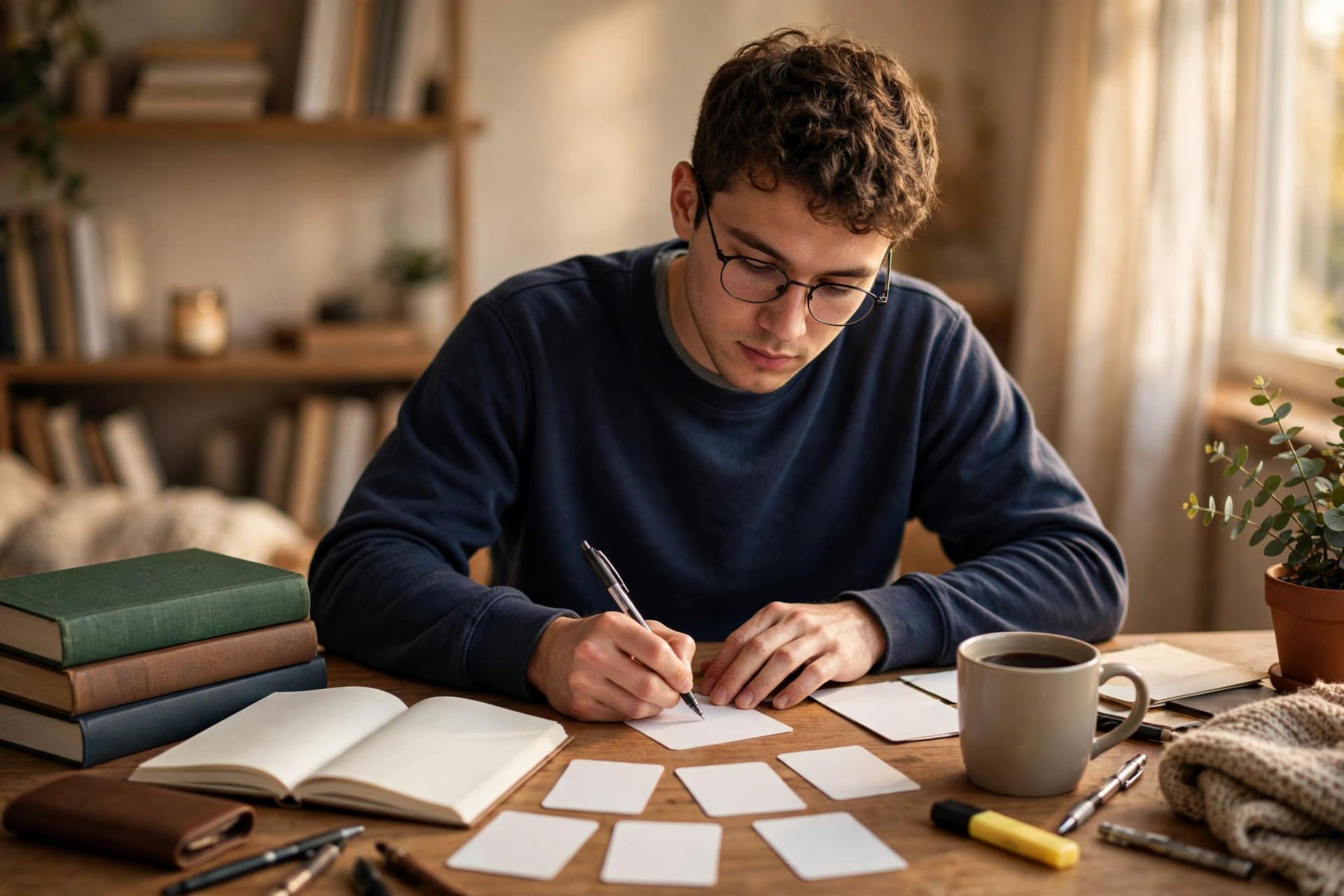University student writing flashcards at a study desk with books and notebooks