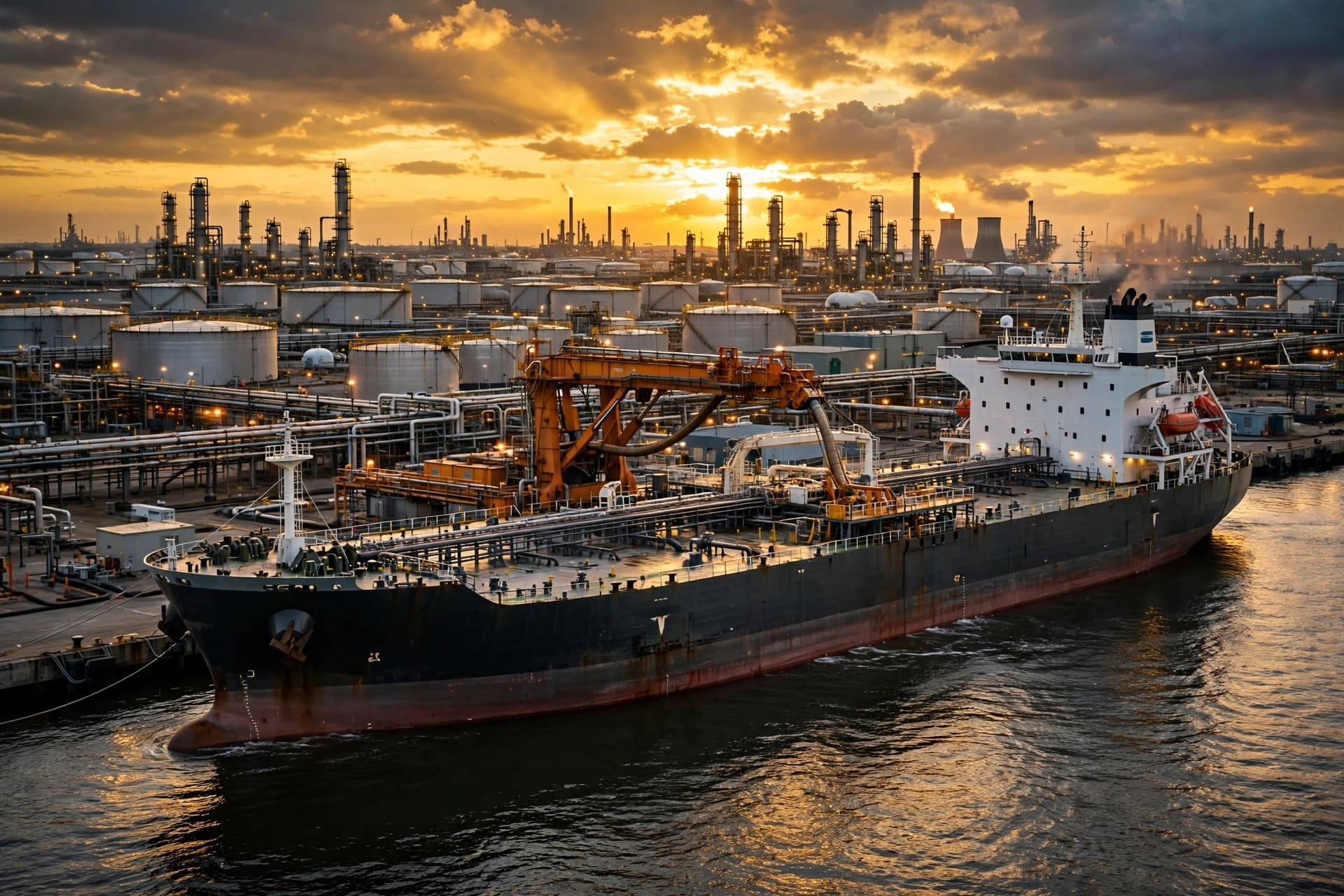 Oil tanker loading fuel at a refinery port at dusk