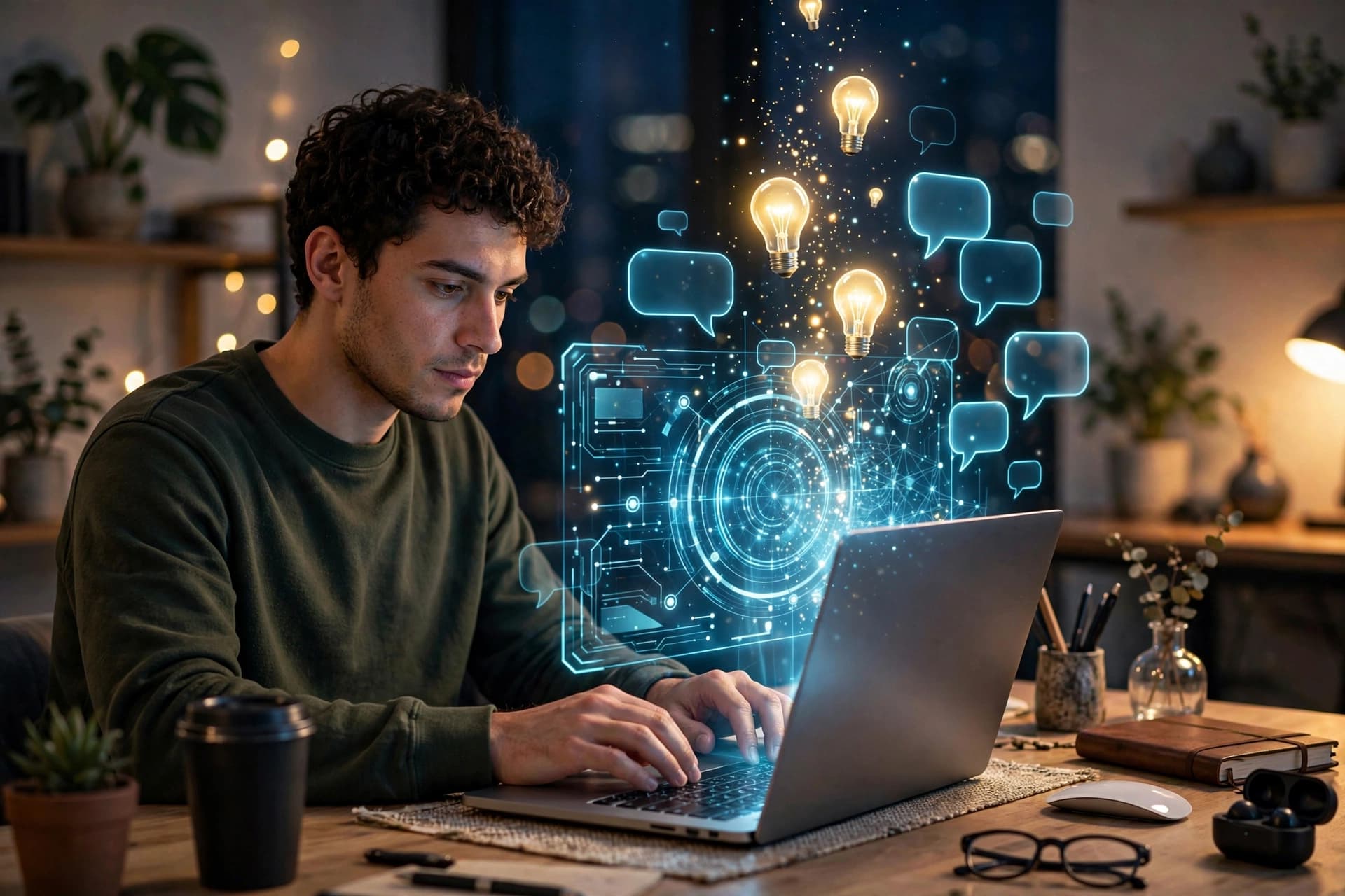 Person typing on a laptop with a glowing AI chatbot interface, speech bubbles and lightbulbs rising above the screen