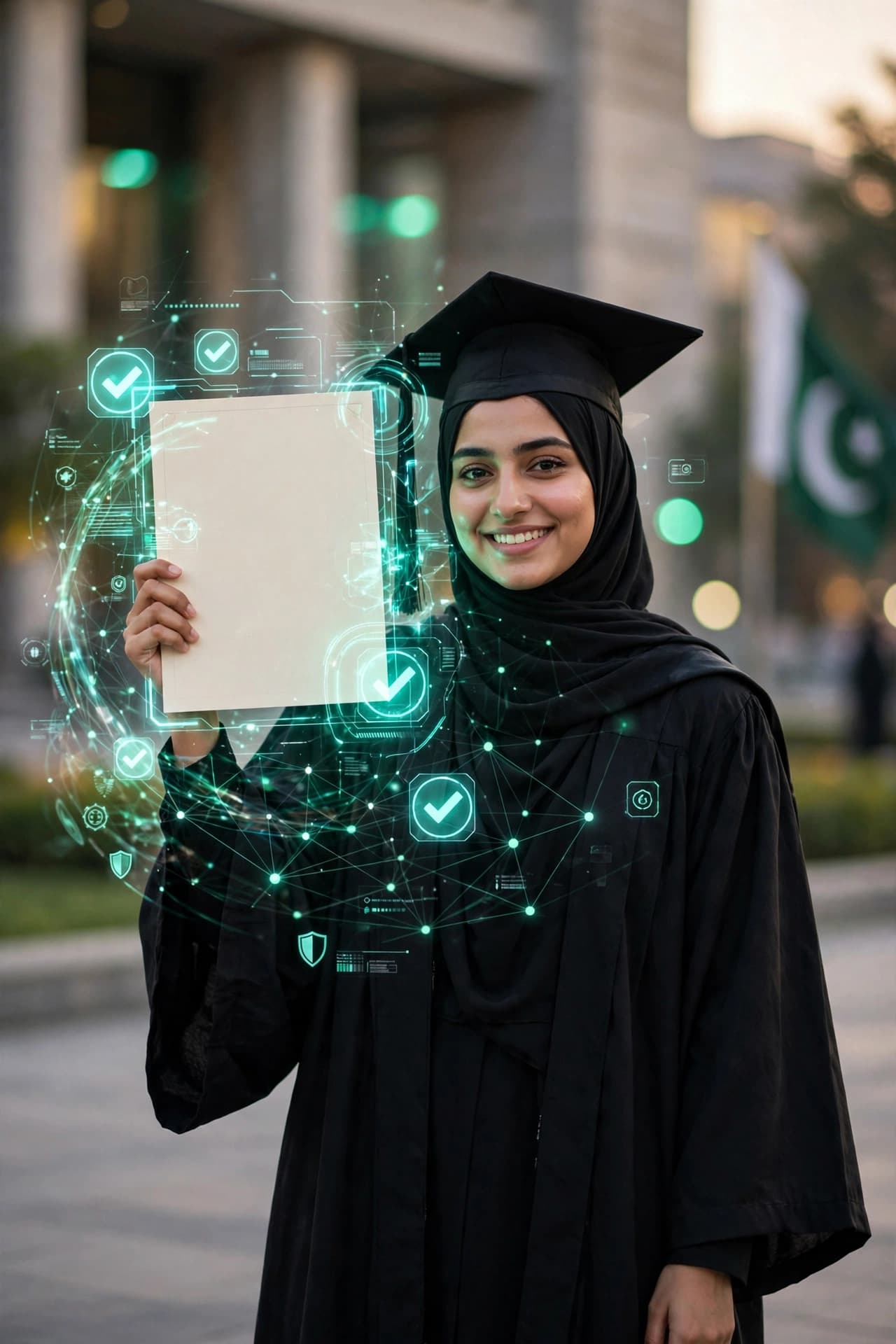 سیاہ گاؤن میں ایک گریجویٹ ڈگری سرٹیفکیٹ تھامے ہوئے، ارد گرد ڈیجیٹل تصدیق کی علامتیں